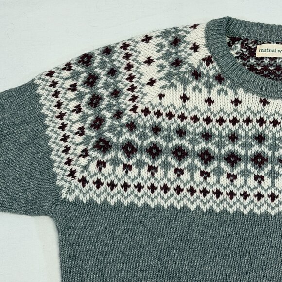 Mutual Weave Fair Isle Crew Neck Knit Sweater M Long Sleeve Grey White Maroon - Picture 8 of 10